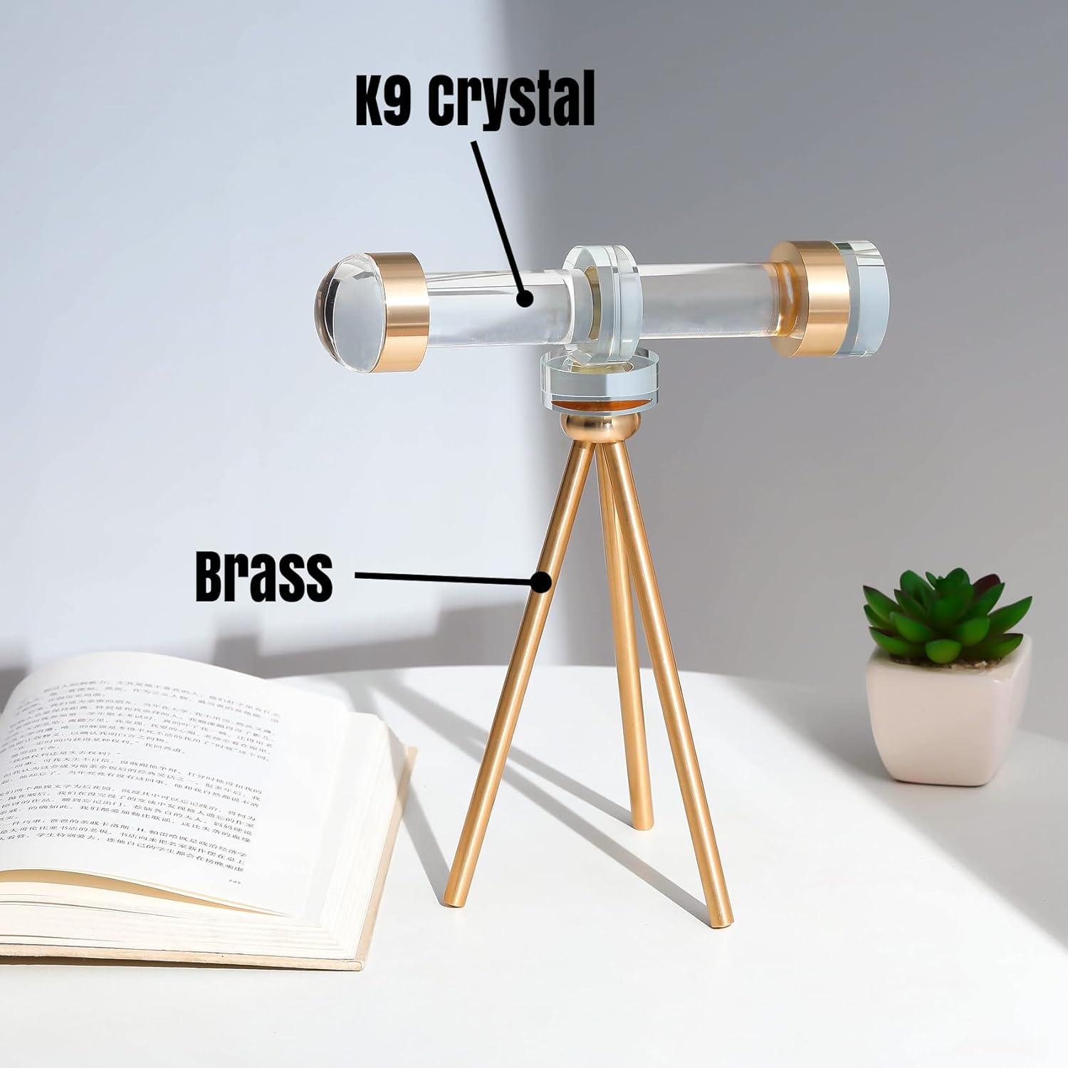Modern Handmade Crystal Telescope with Brass Bracket Sculpture Decoration