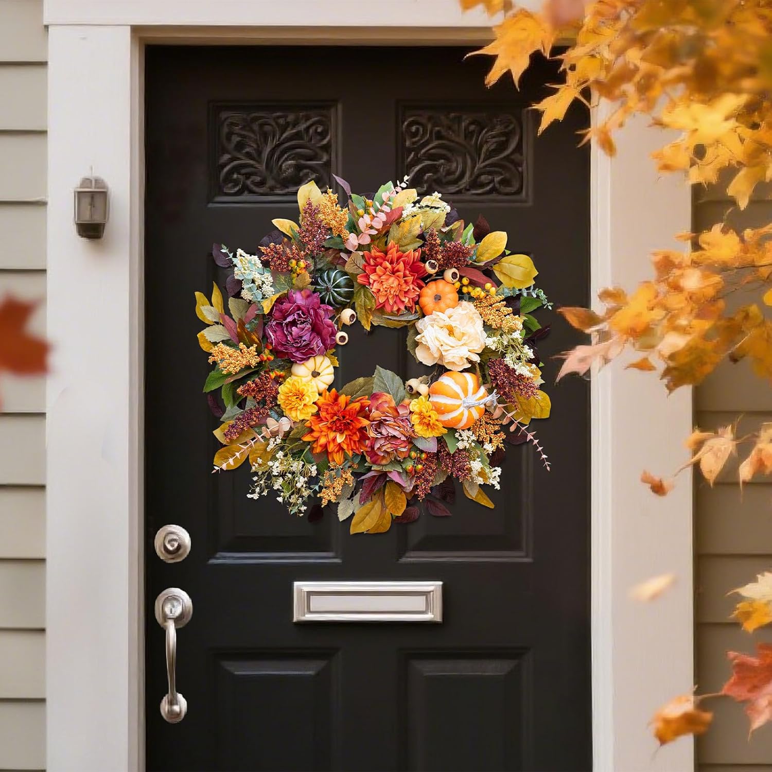 24 Inch Fall Wreath with Pumpkins and Leaves