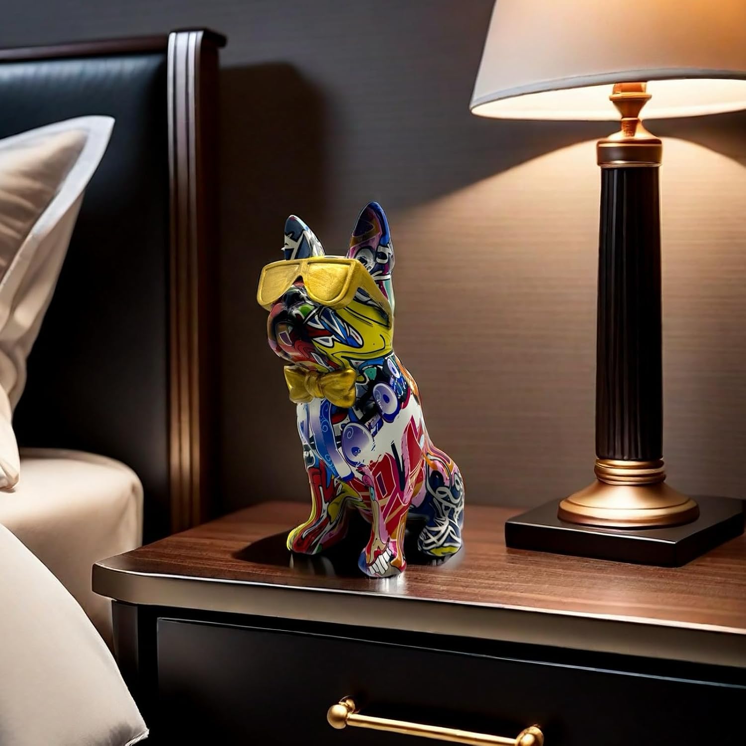 Colorful Art French Bulldog with Sunglasses Statue
