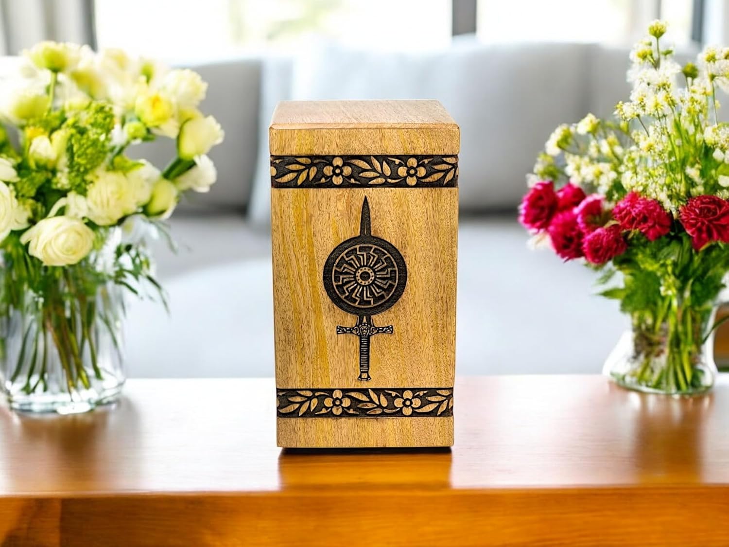 Handcrafted Wooden Cremation Urn with Warrior Design