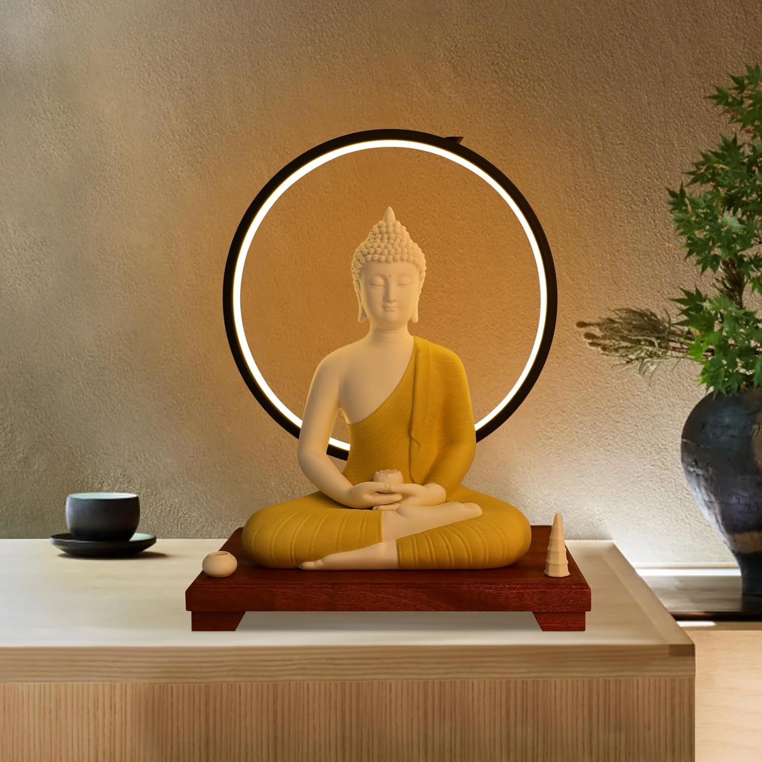 Shakyamuni Buddha Statue with LED Halo 12x8x16in Ceramic and Wood Base