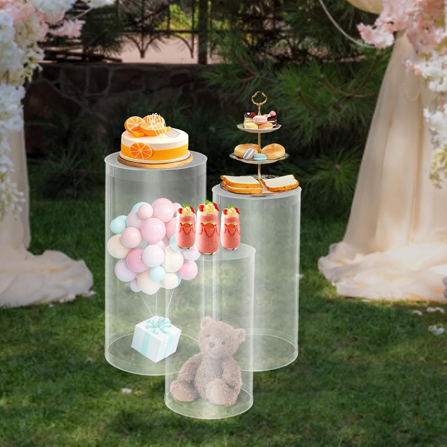 Clear Cylinder Pedestal Stands 3PCS Wedding Display