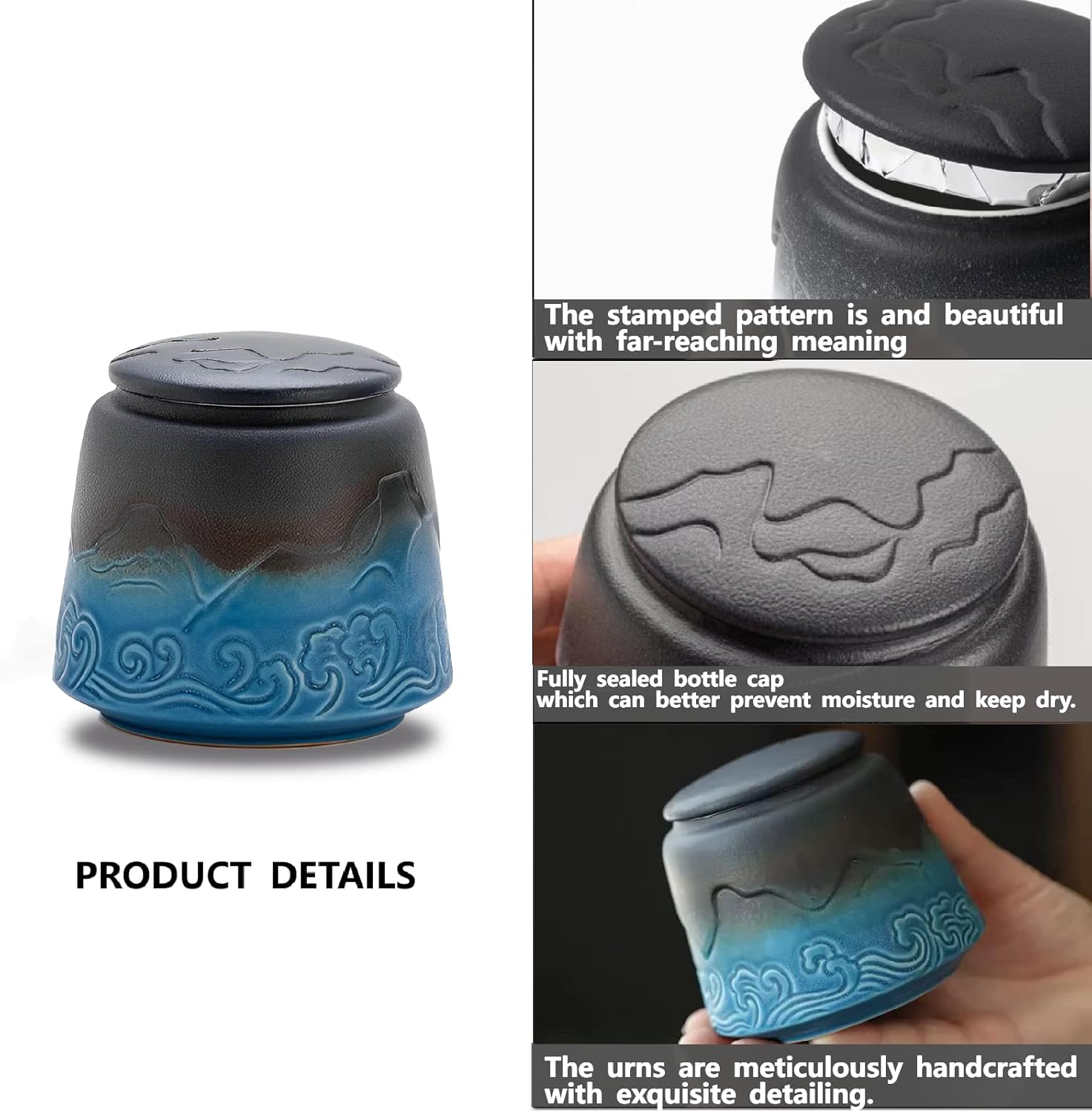 Small Urn for Human Ashes - Black Blue Gradient 33 inch Ceramic Urn
