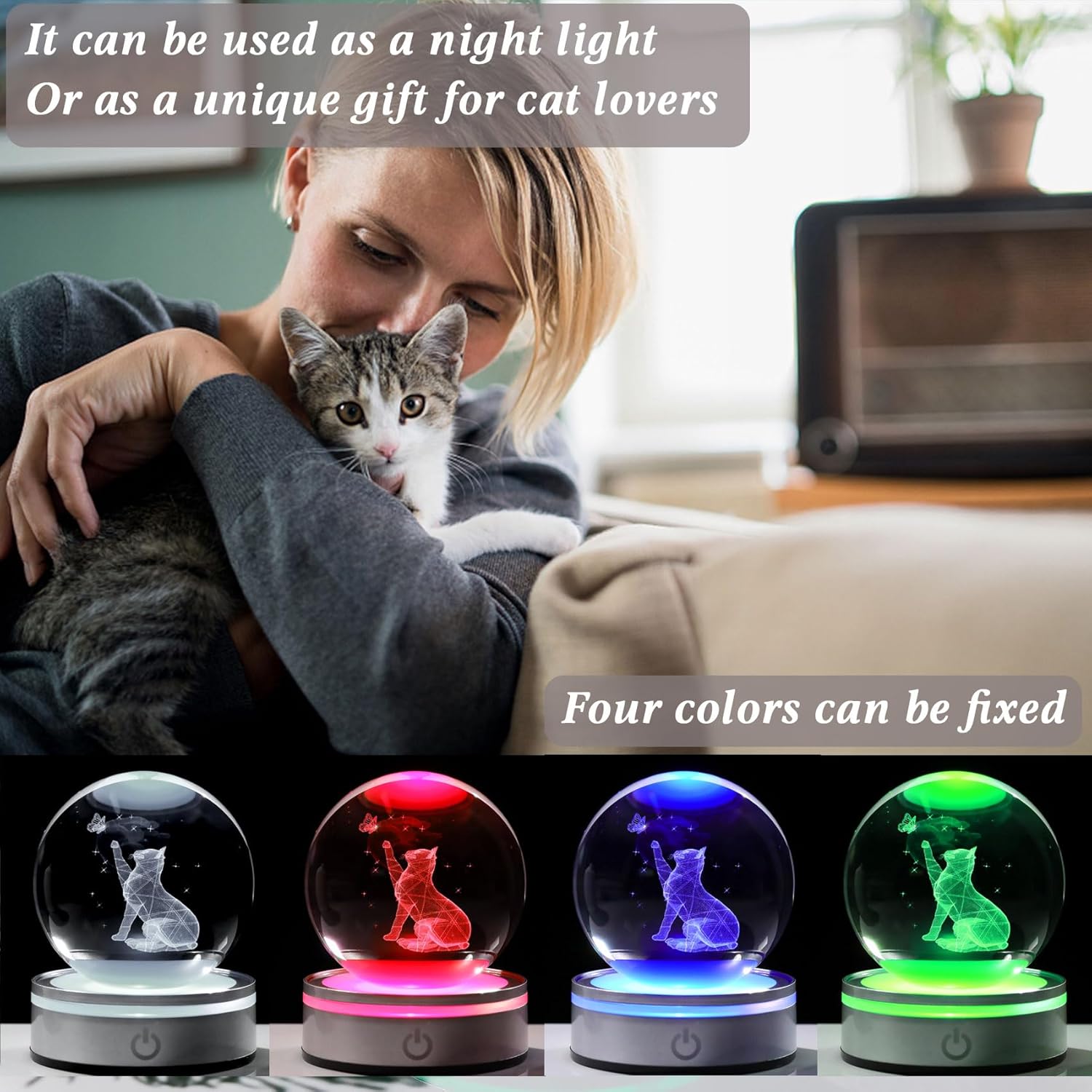 3D Crystal Cat Ball Home Decor Night Light Gift