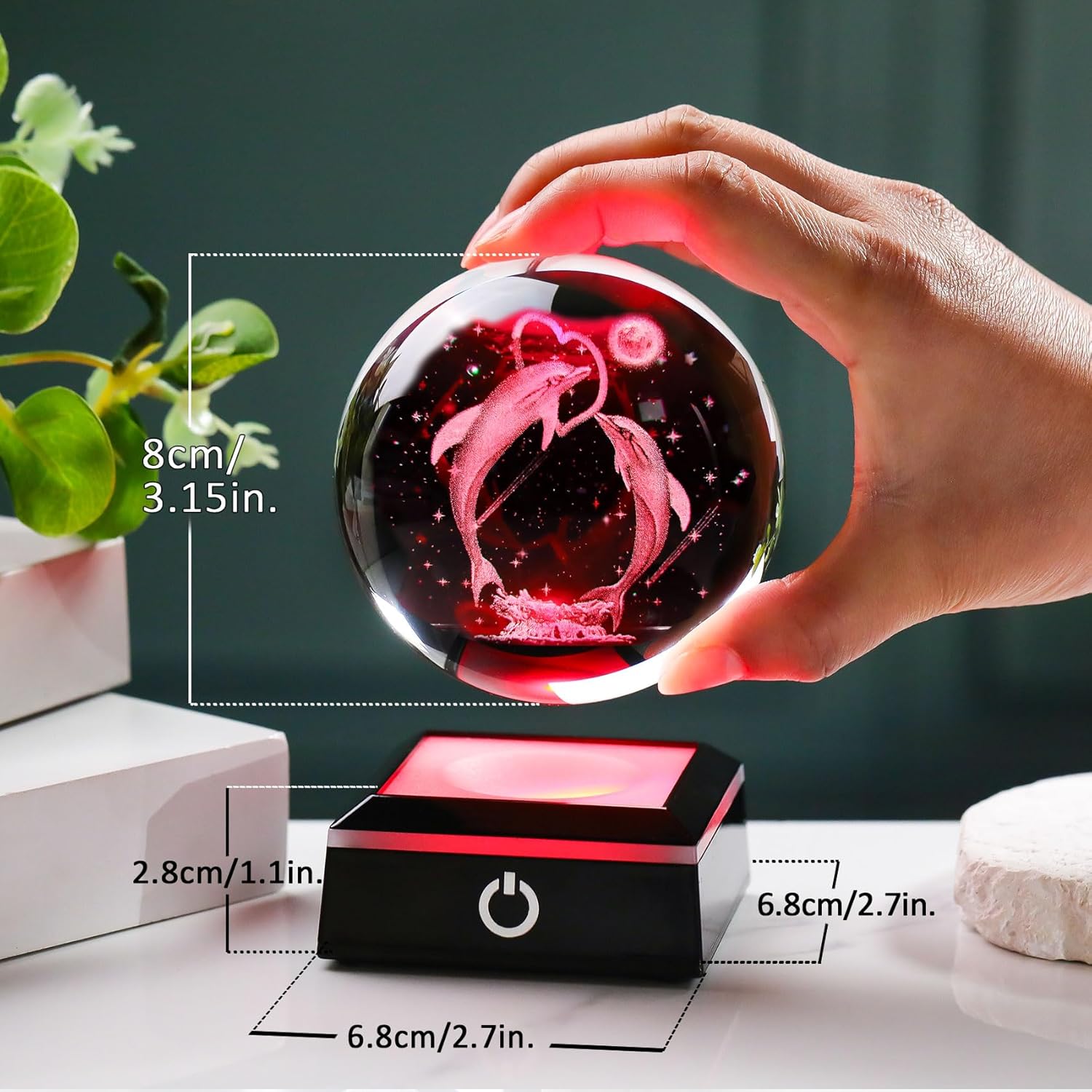 3D Crystal Ball Dolphin Night Light Snow Globe with LED Base