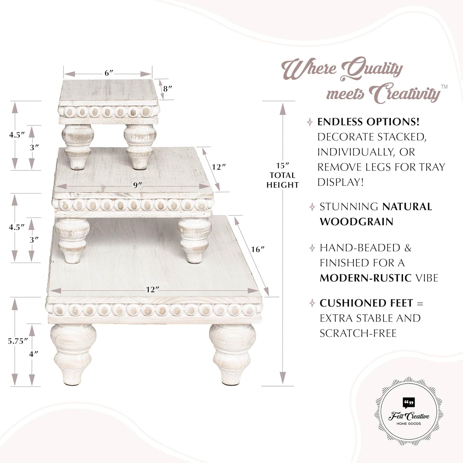 Wooden Tiered Tray Stand Set of 3 White Farmhouse Decor