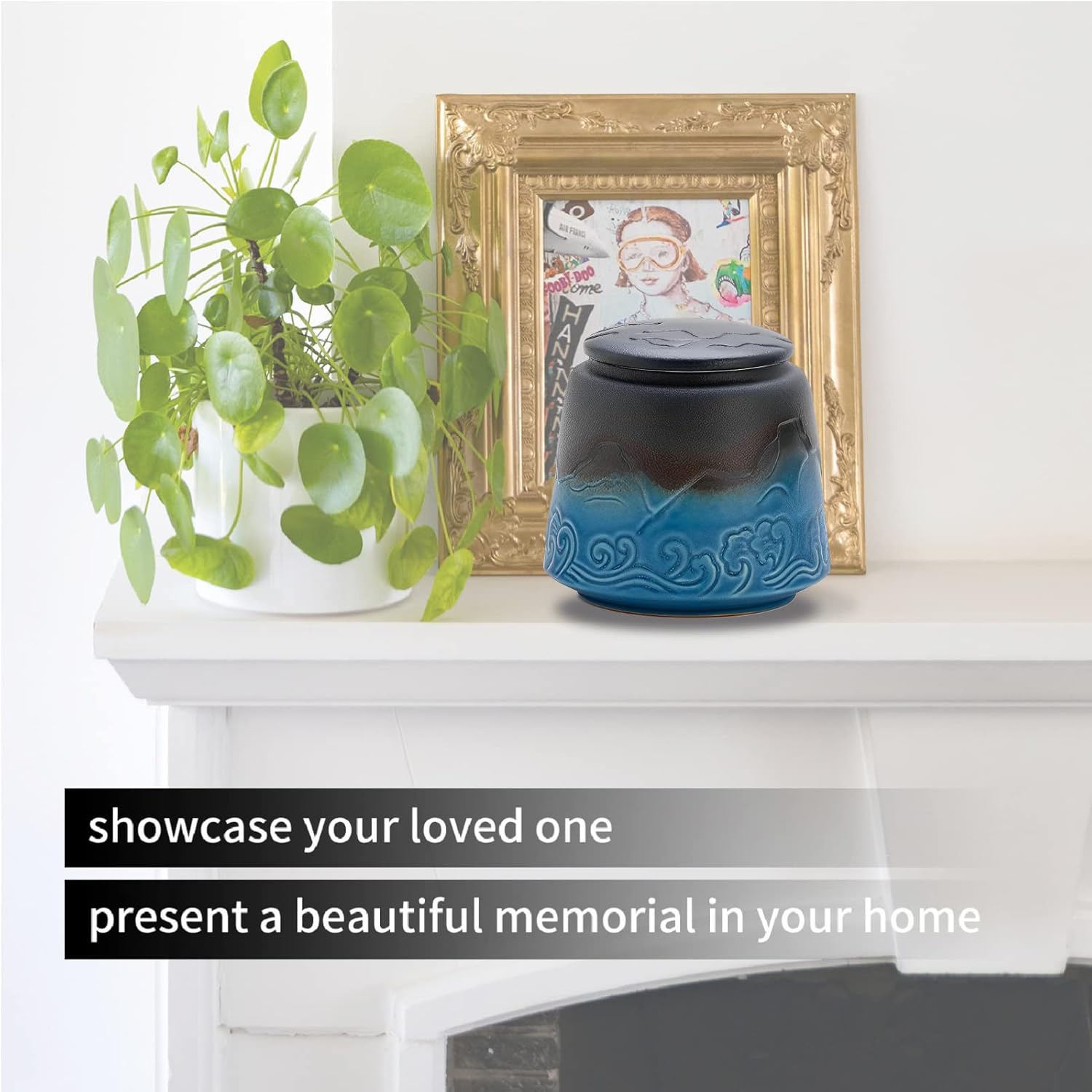 Small Urn for Human Ashes - Black Blue Gradient 33 inch Ceramic Urn