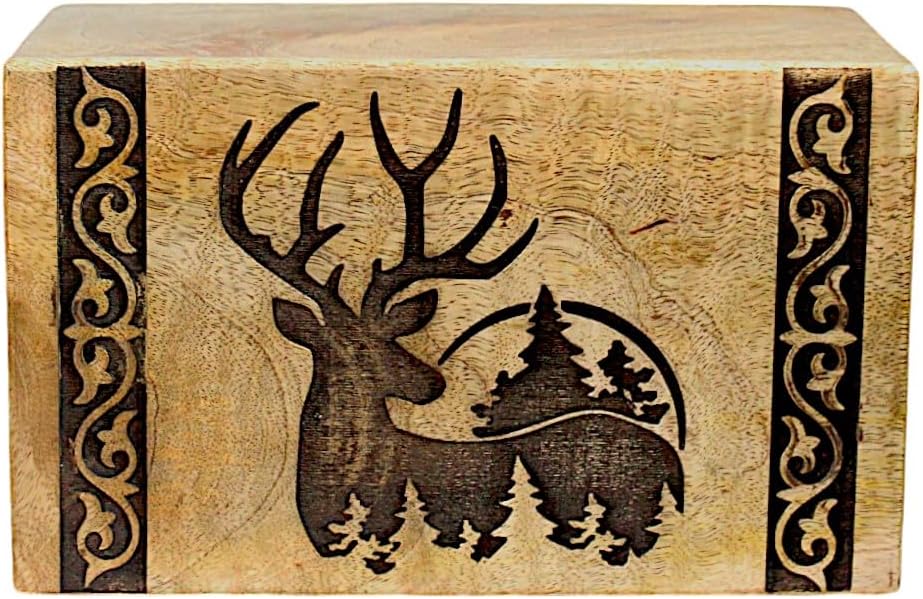 Handcrafted Wooden Cremation Urn with Deer Engraving