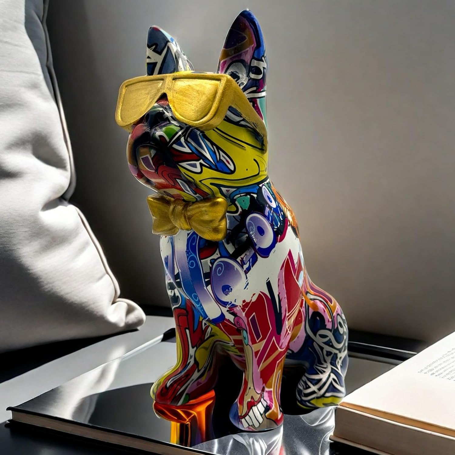 Colorful Art French Bulldog with Sunglasses Statue