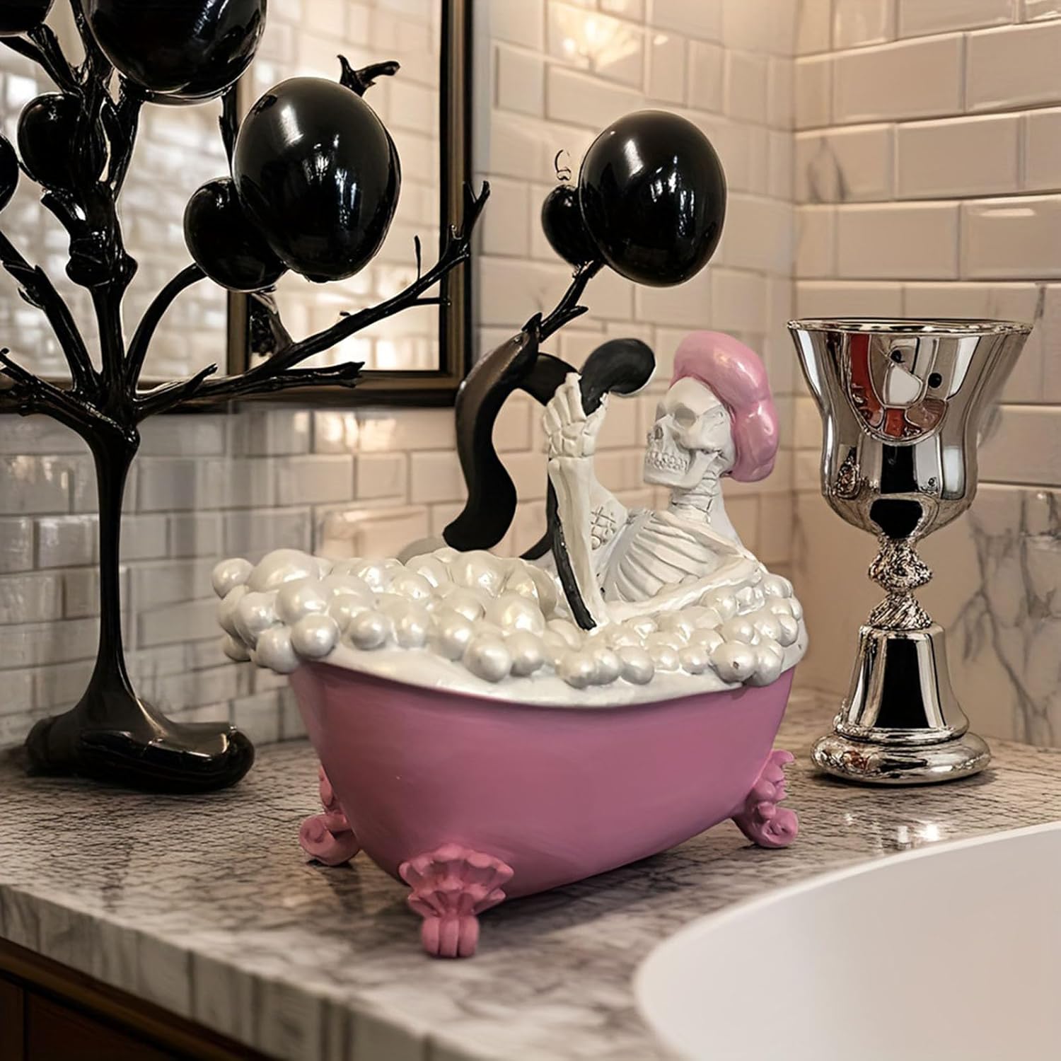 Whimsical Halloween Skeleton in Pink Bath Tub Figurine