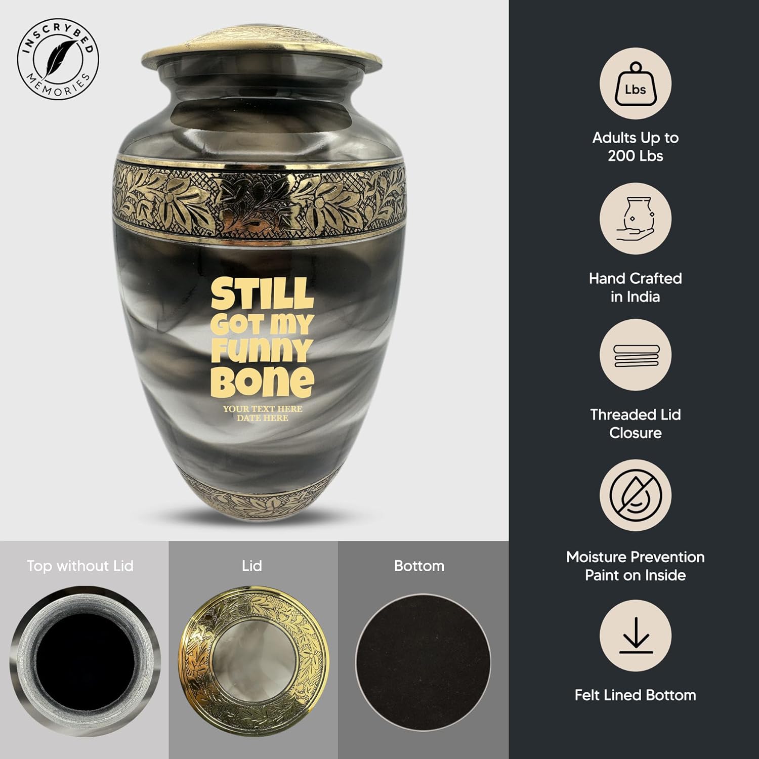 Custom Cremation Urn with Humor Engraving and Gold Design