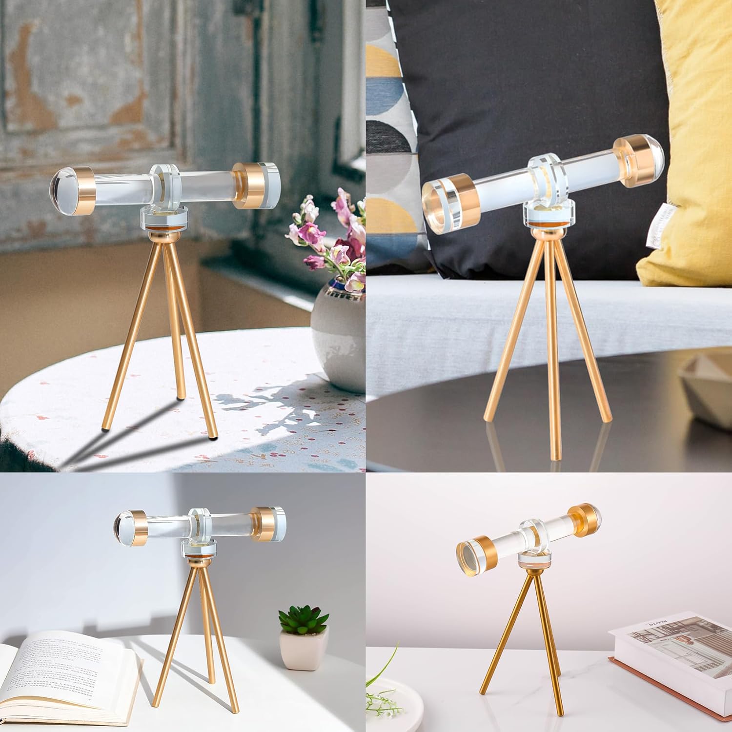 Modern Handmade Crystal Telescope with Brass Bracket Sculpture Decoration