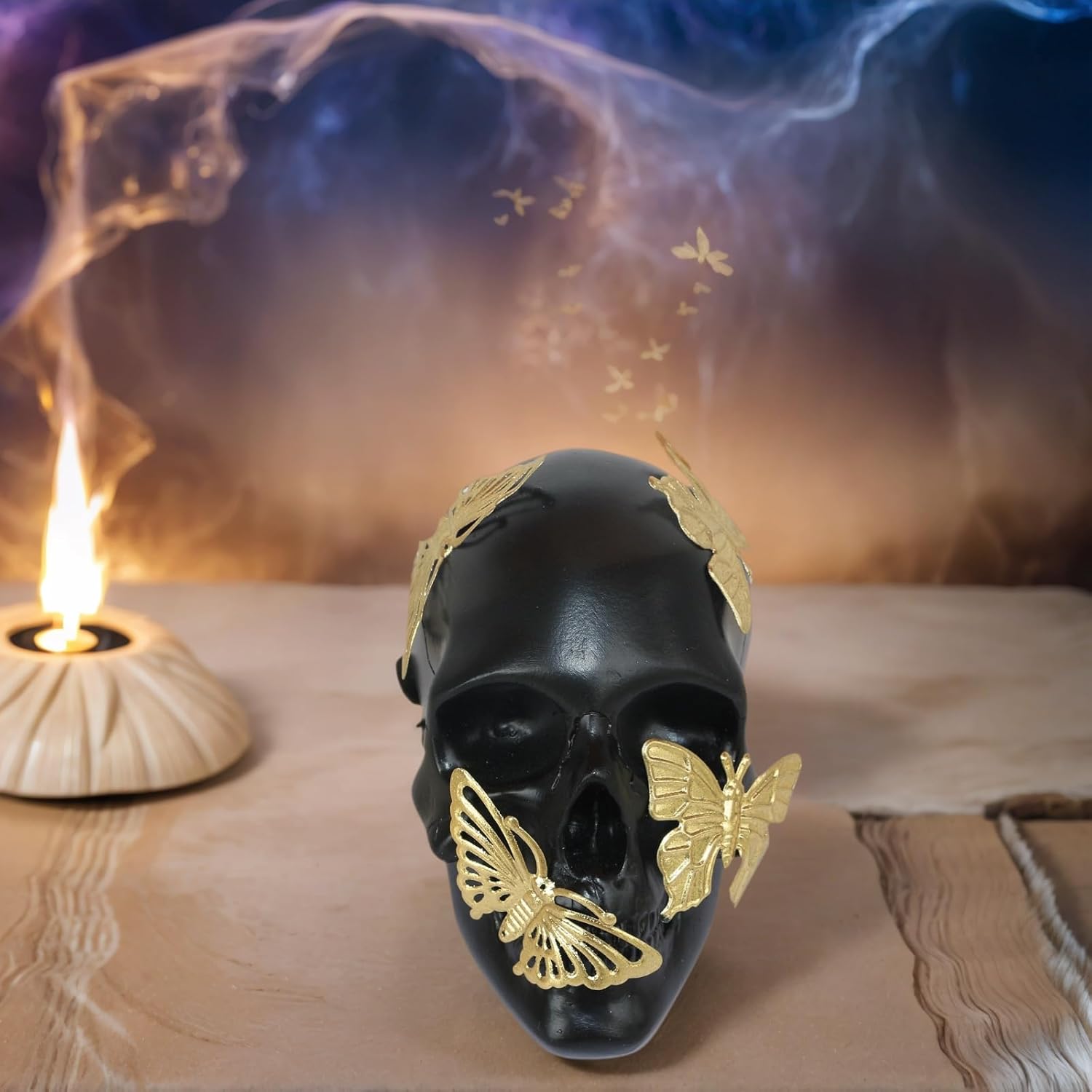Black Skull Statue with Gold Butterfly Halloween Decor