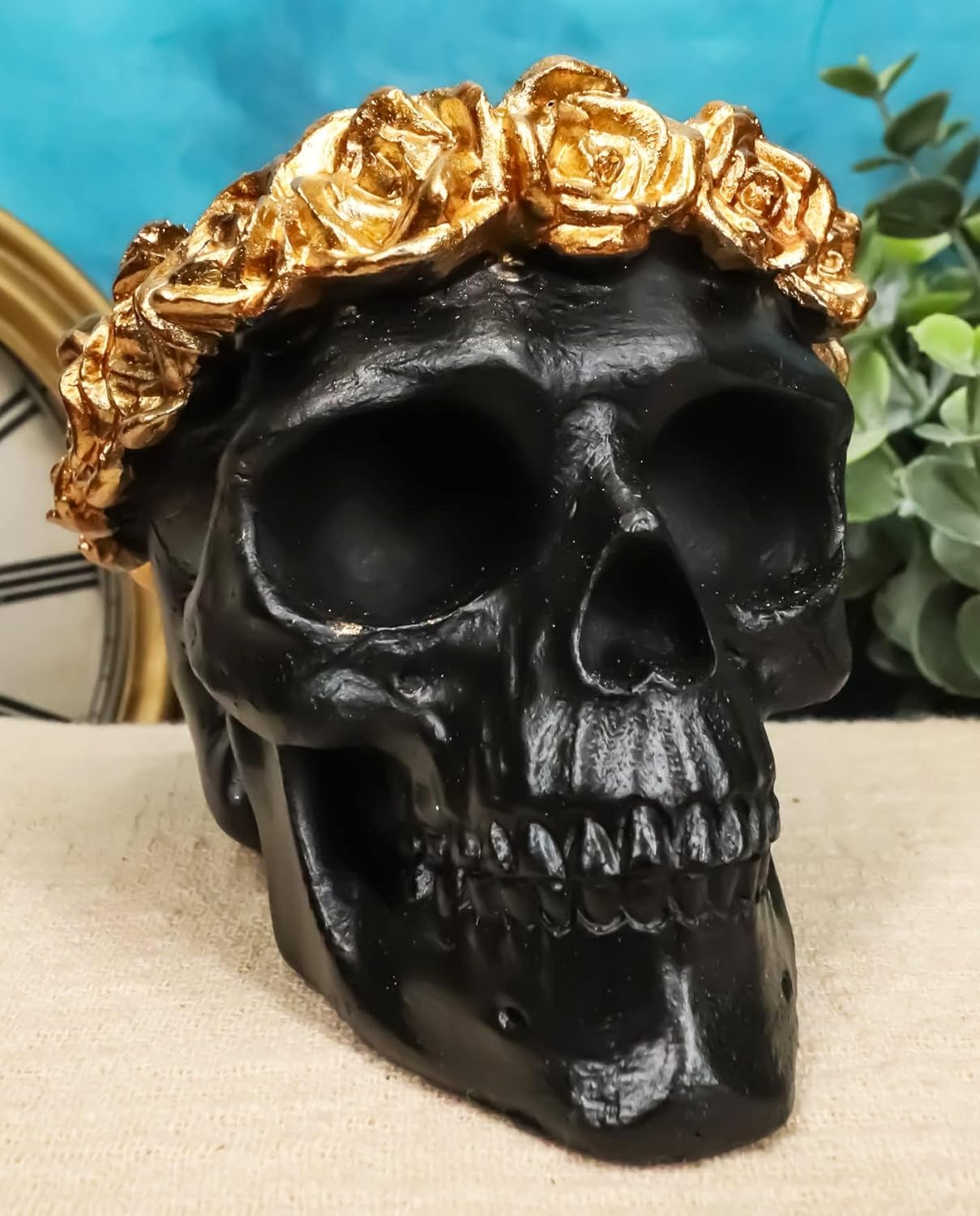 Day of the Dead Copper Rose Laurel Black Skull Figurine