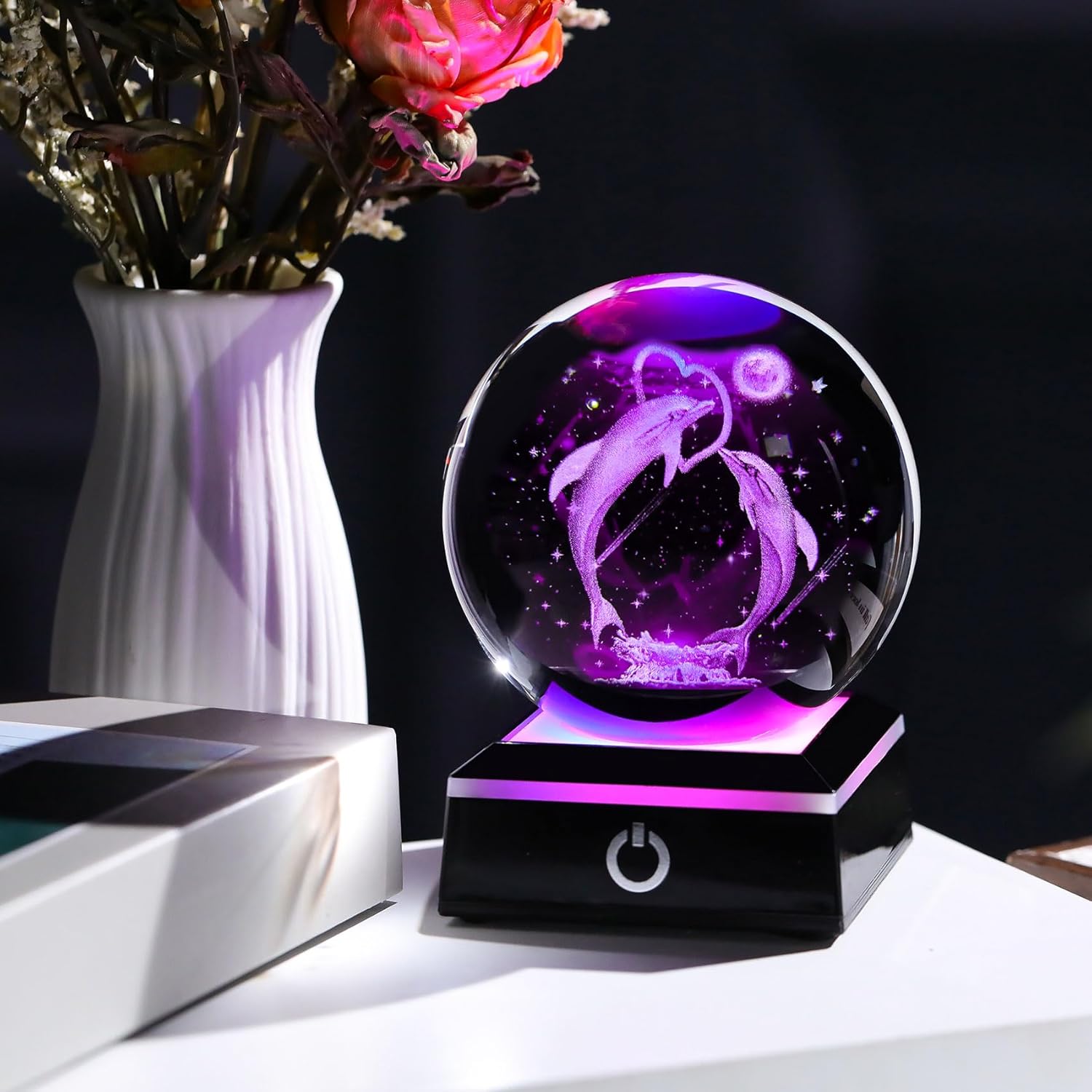 3D Crystal Ball Dolphin Night Light Snow Globe with LED Base