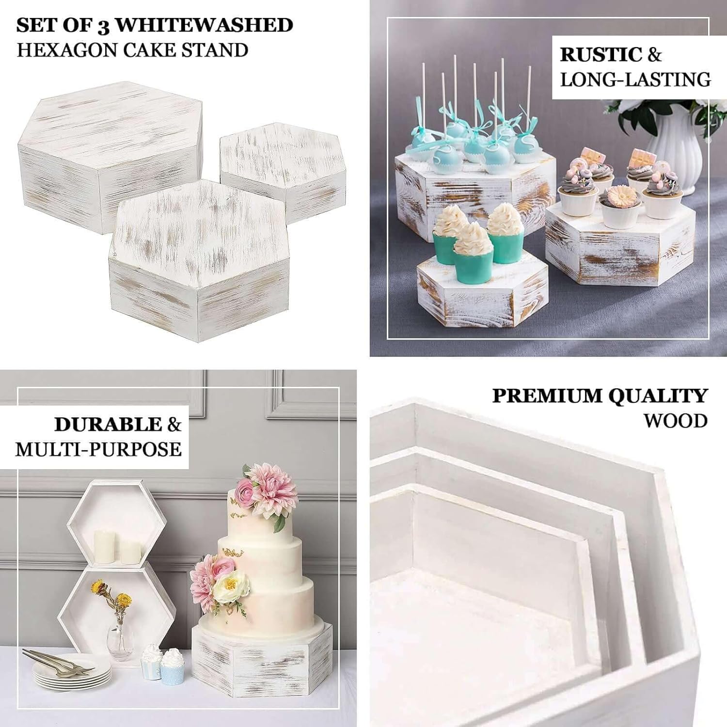 Efavormart Set of 3 Whitewashed Hexagonal Wood Dessert Holders