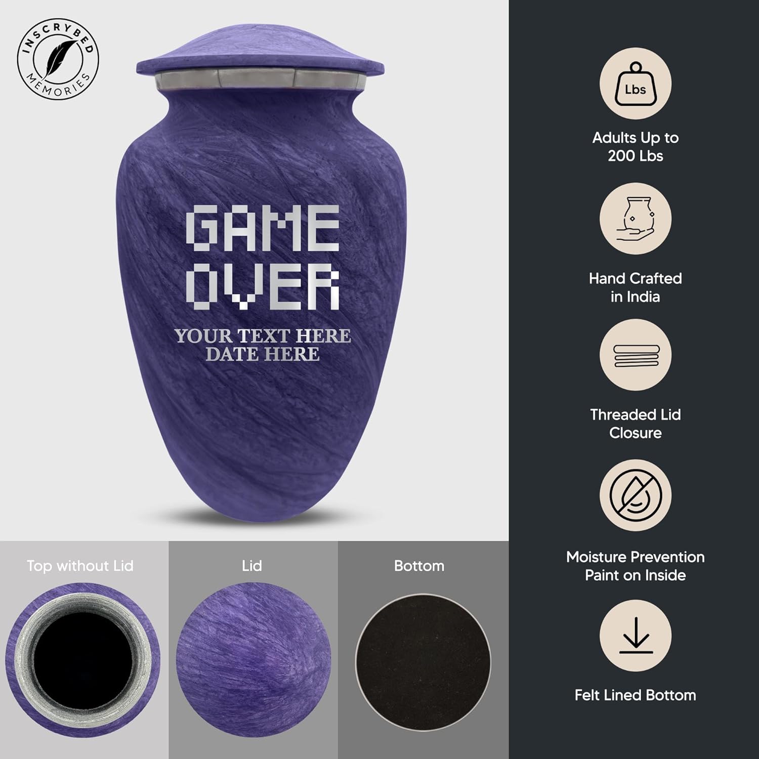 Custom Large Cremation Urn with Name and Game Over Design - Purple