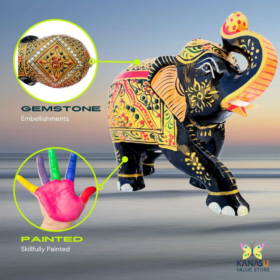 Handcrafted Wooden Elephant Figurine with Gold and Gemstone Details