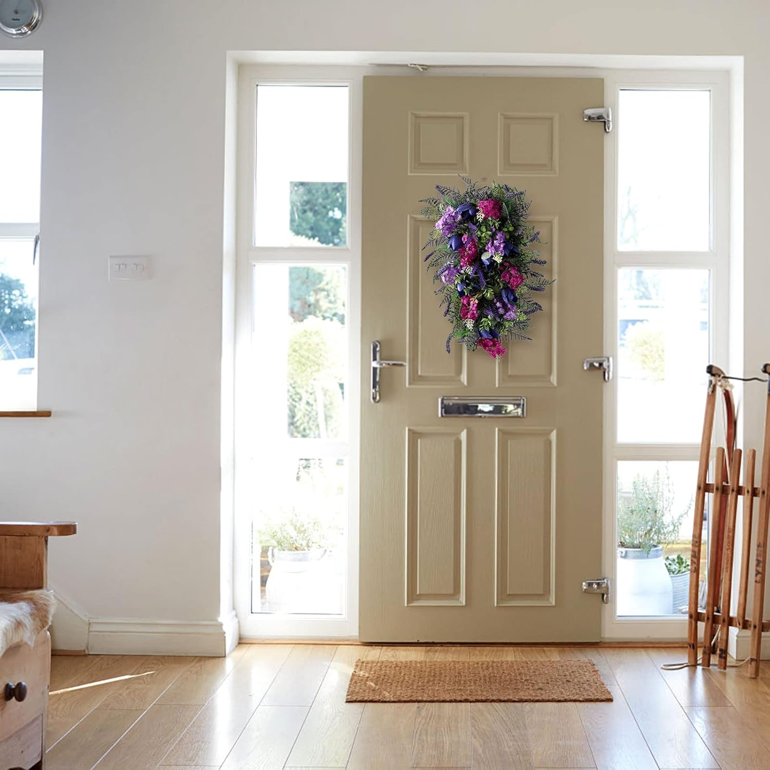 Spring Wreath for Front Door with Lavender Tulips and Green Leaves