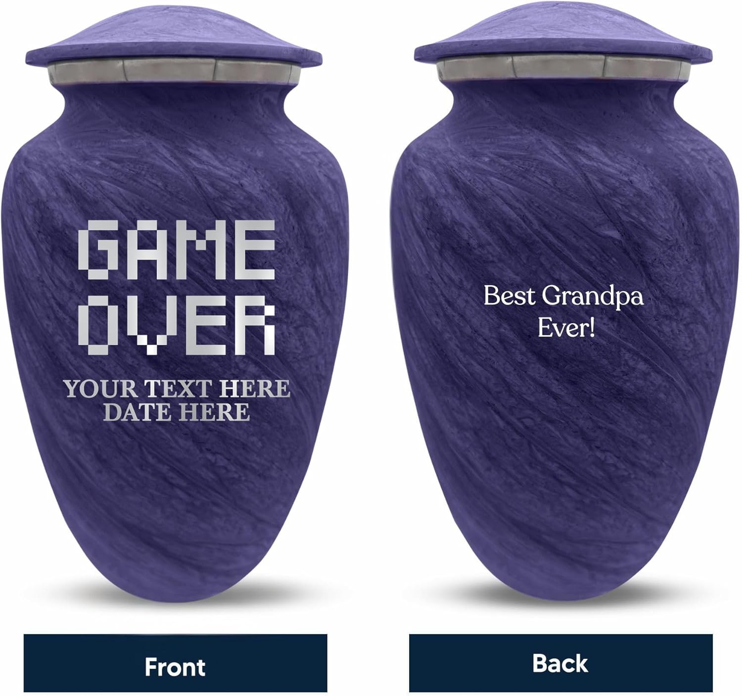 Custom Large Cremation Urn with Name and Game Over Design - Purple