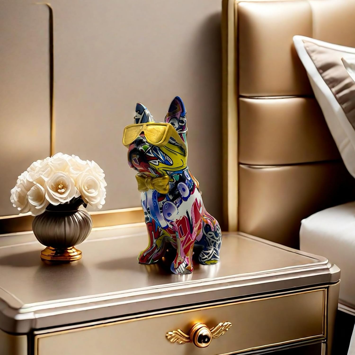 Colorful Art French Bulldog with Sunglasses Statue