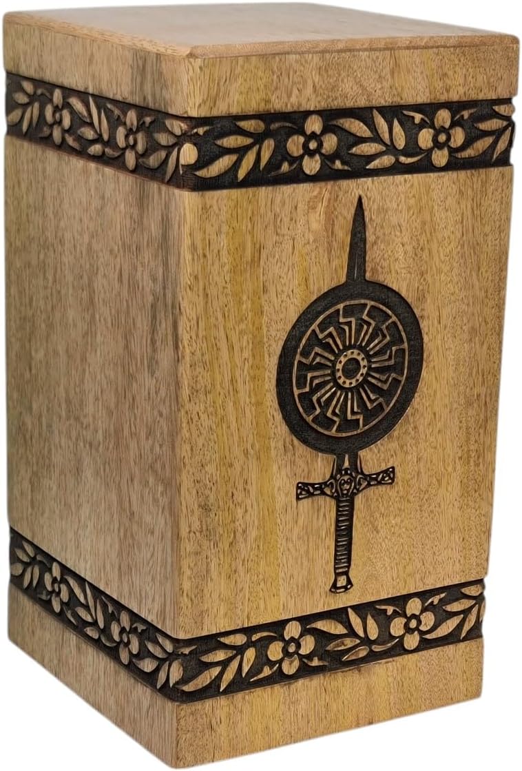 Handcrafted Wooden Cremation Urn with Warrior Design