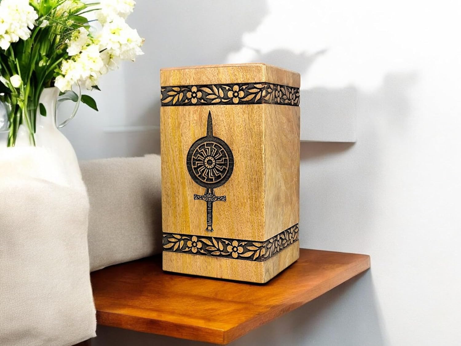 Handcrafted Wooden Cremation Urn with Warrior Design