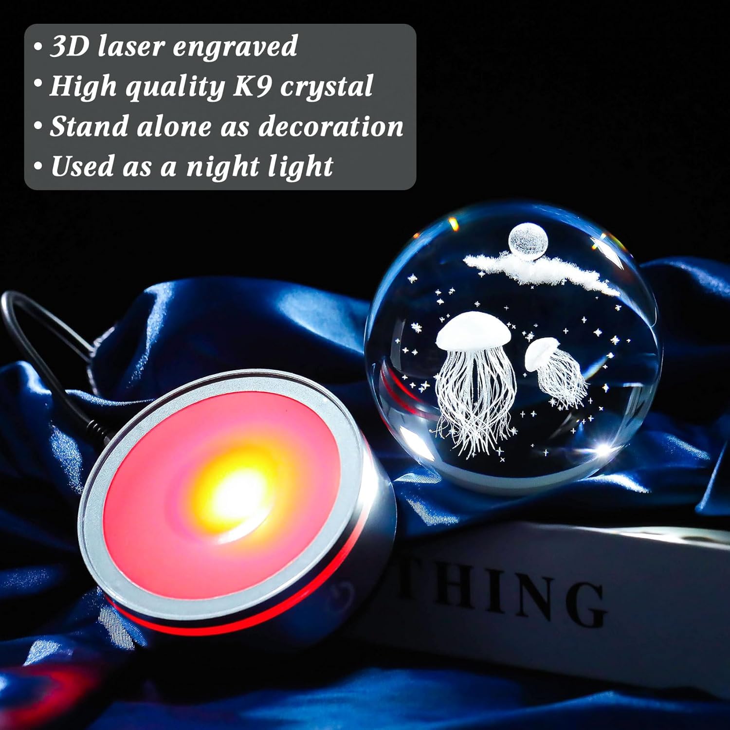 Movdyka 3D Crystal Jellyfish Night Light Decor Figurine