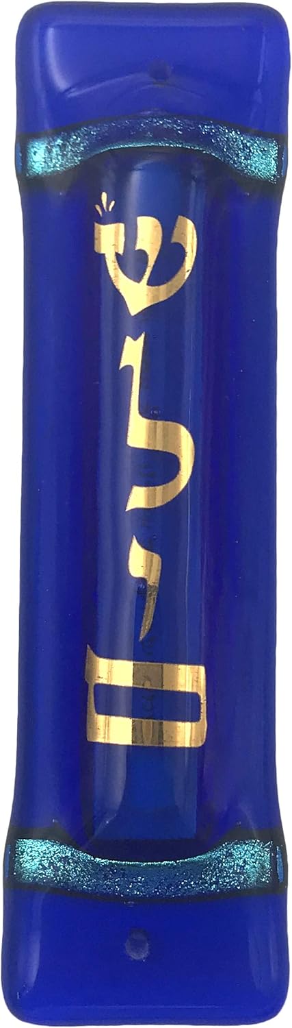 Shalom Art Glass Mezuzah with Scroll - Midnight Blue