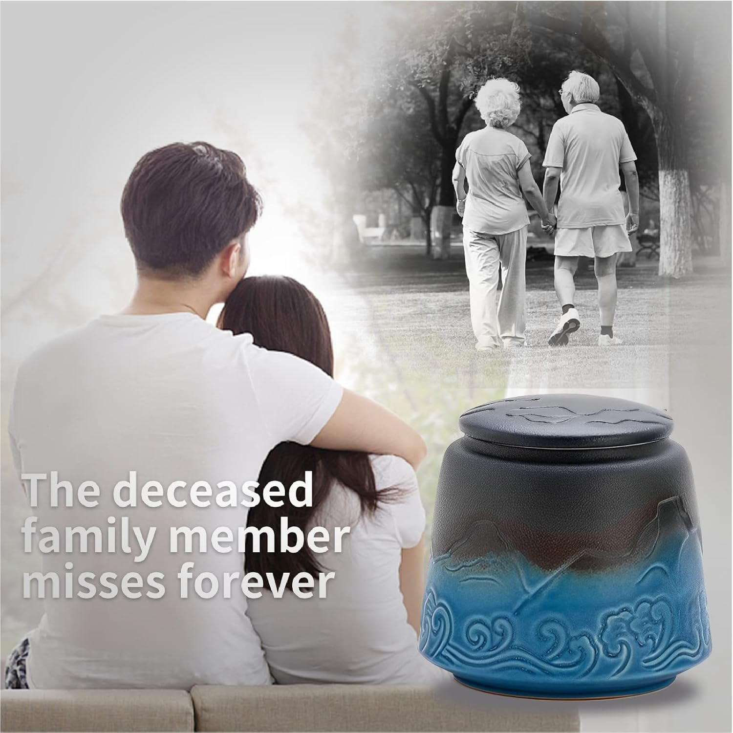 Small Urn for Human Ashes - Black Blue Gradient 33 inch Ceramic Urn