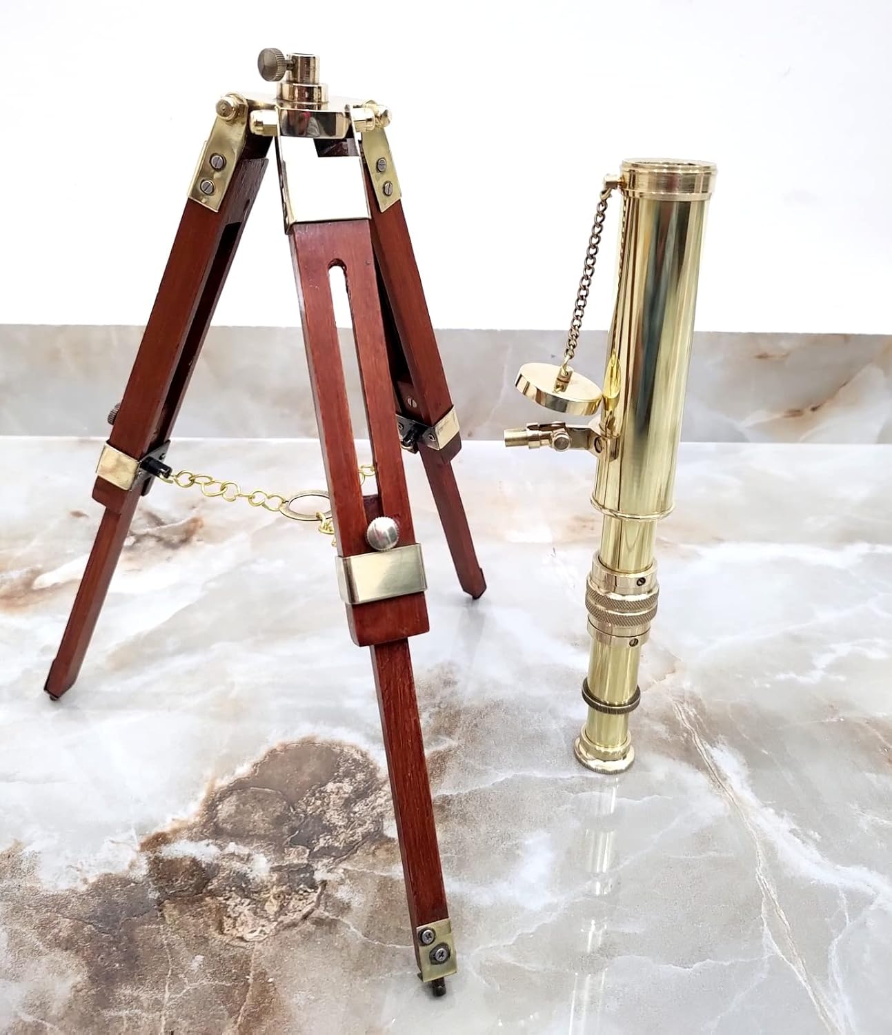 Golden Polish Maritime Brass Telescope with Adjustable Wooden Tripod Stand