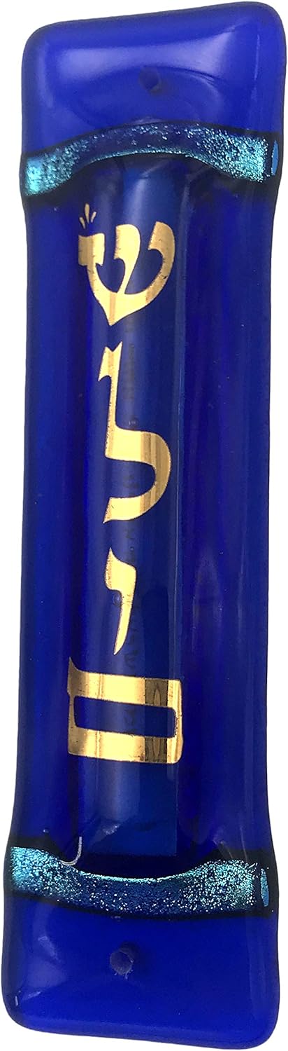 Shalom Art Glass Mezuzah with Scroll - Midnight Blue
