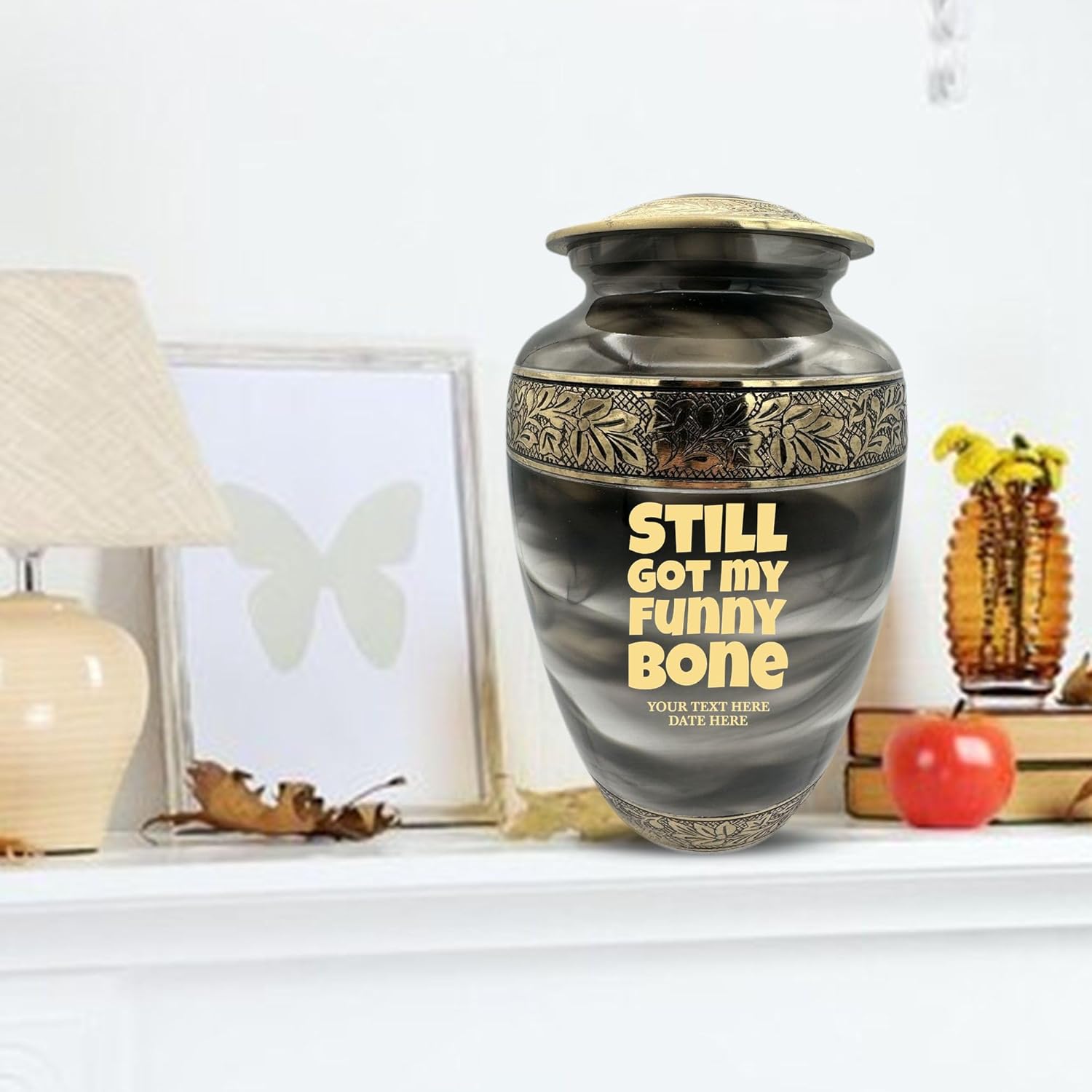 Custom Cremation Urn with Humor Engraving and Gold Design