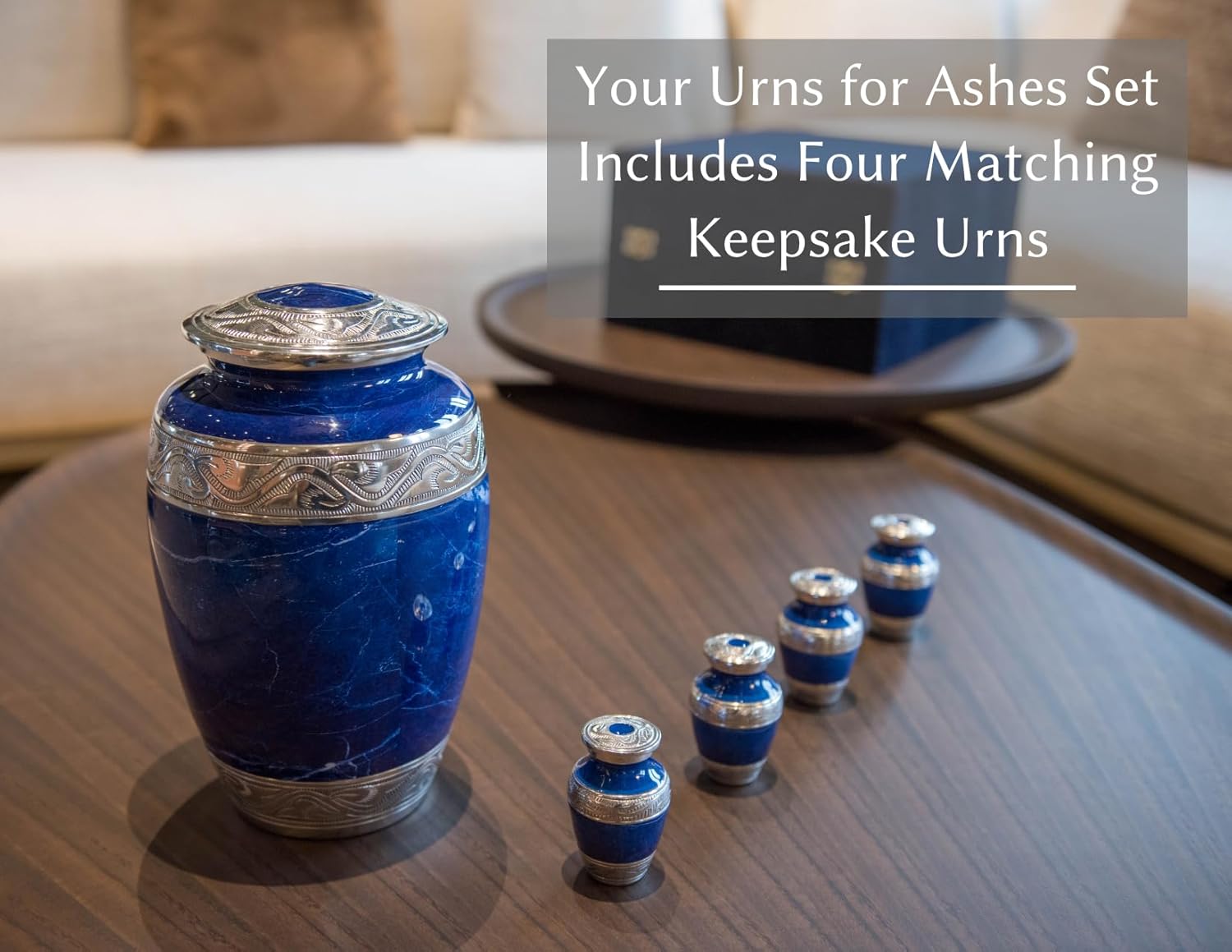 Blue Marble Cremation Urn with 4 Keepsake Urns and Velvet Case