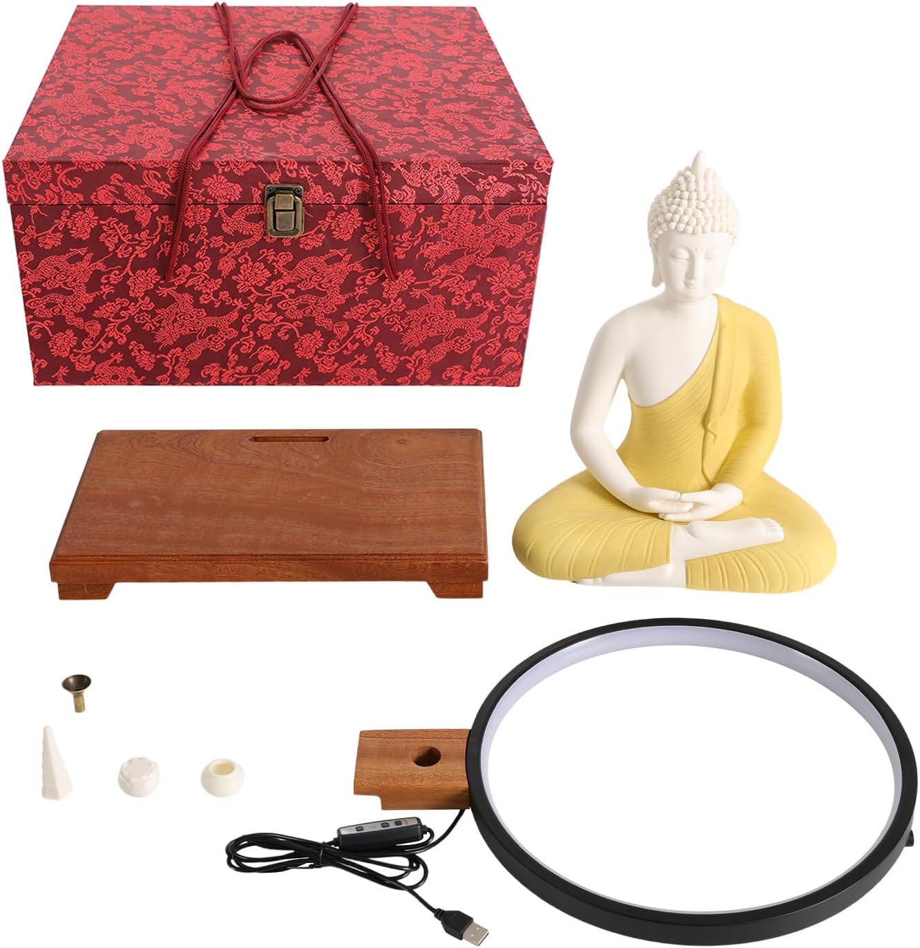 Shakyamuni Buddha Statue with LED Halo 12x8x16in Ceramic and Wood Base