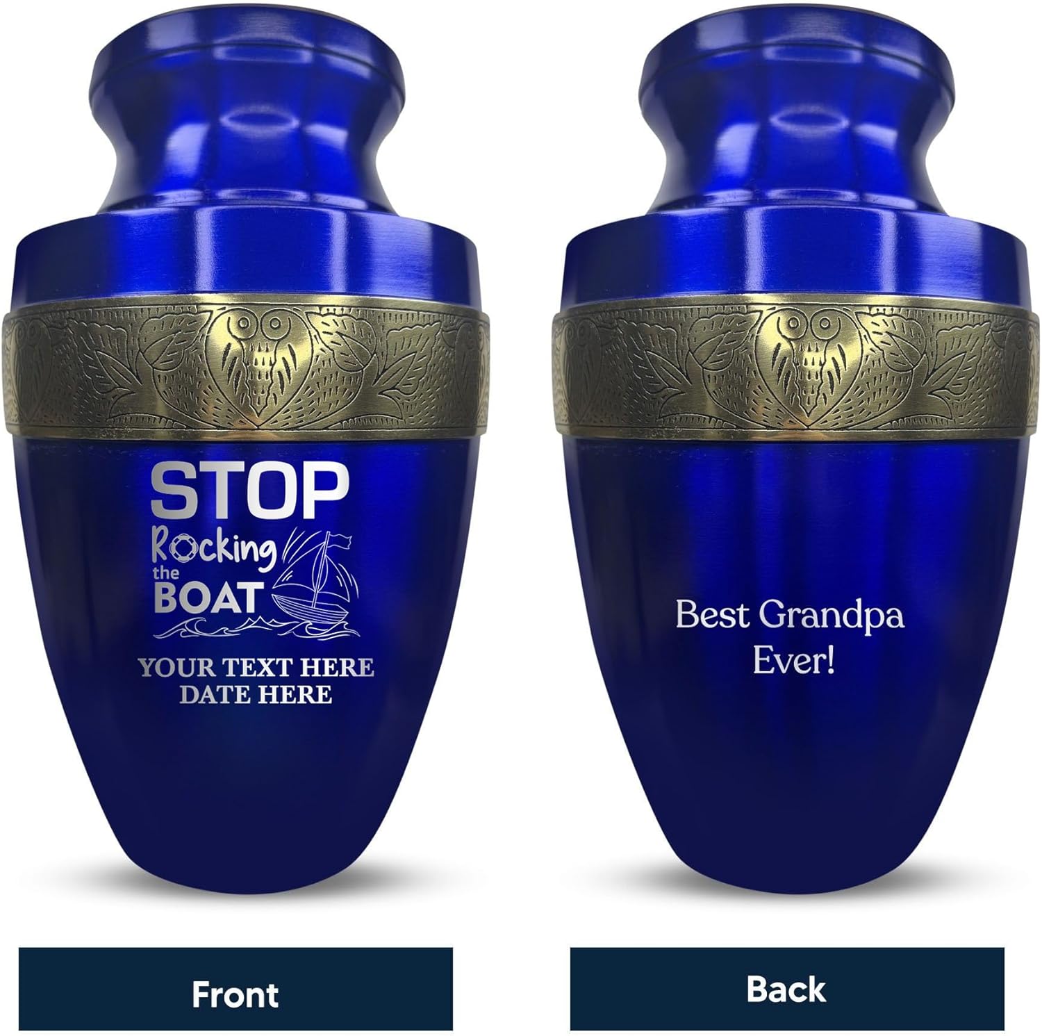 Custom Adult Cremation Urn with Funny Fishing Design and Gold Rim Blue
