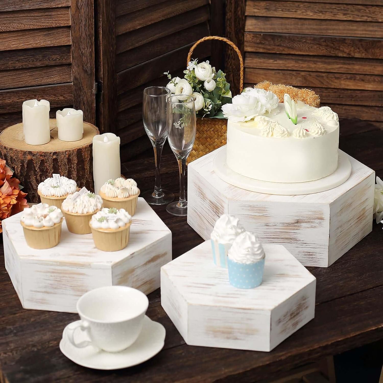 Efavormart Set of 3 Whitewashed Hexagonal Wood Dessert Holders