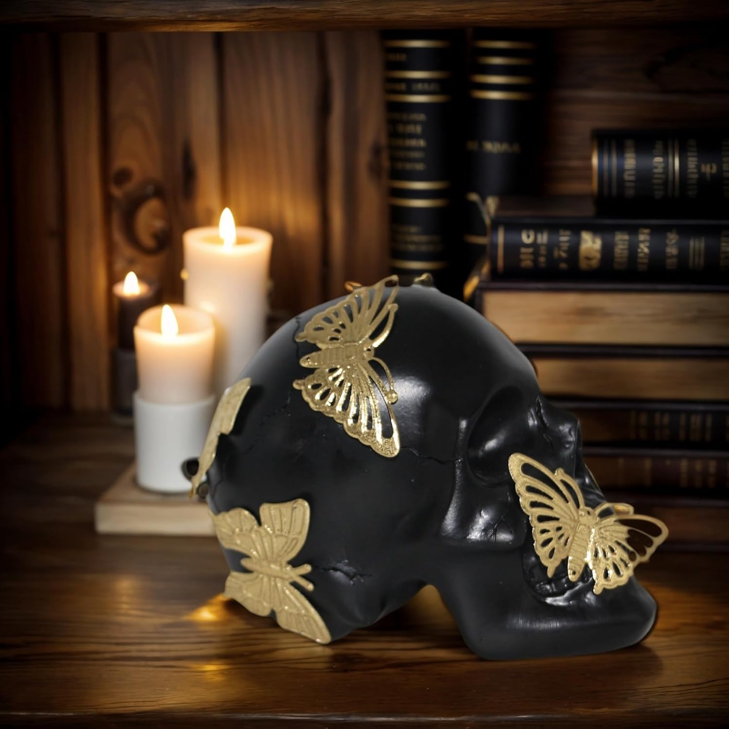 Black Skull Statue with Gold Butterfly Halloween Decor