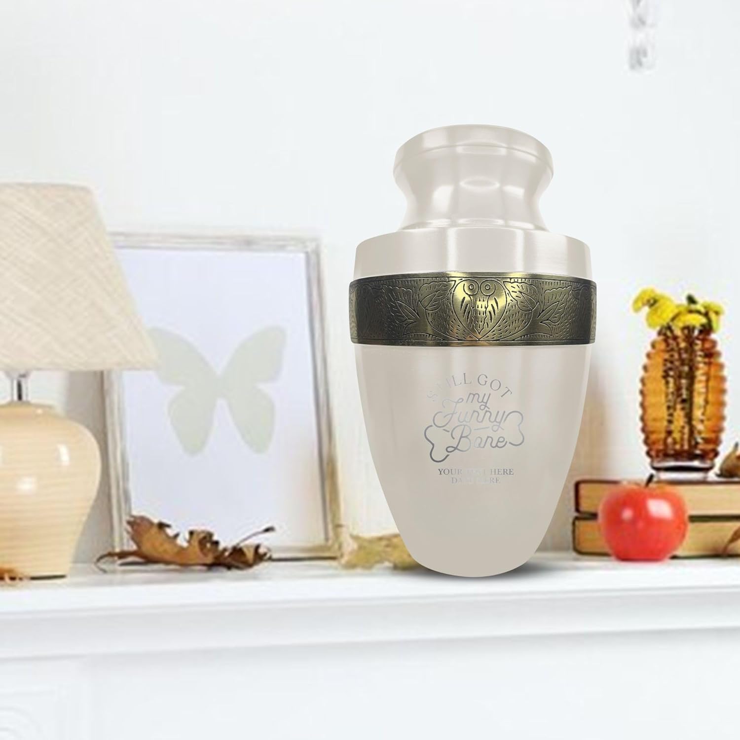 Custom Adult Cremation Urn with Funny Engraving 200 Lbs Gold Rim White
