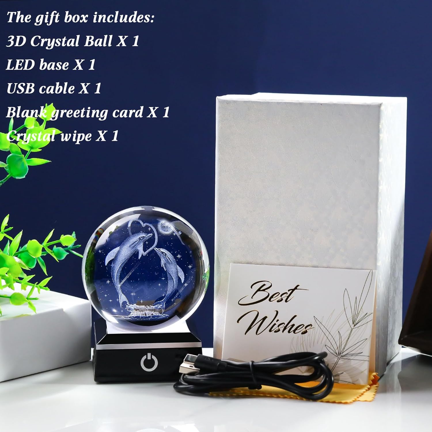 3D Crystal Ball Dolphin Night Light Snow Globe with LED Base