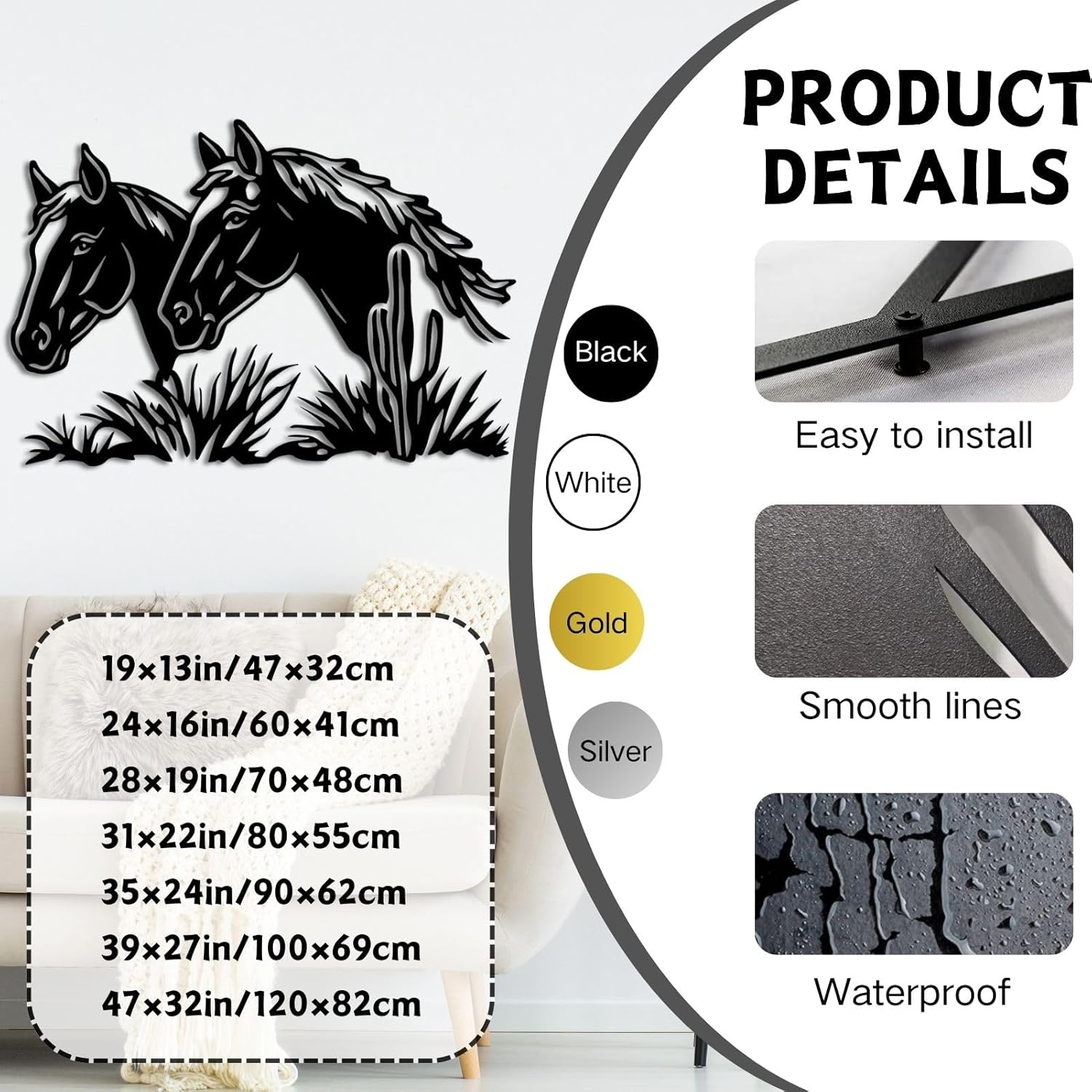 ENJOYOO Metal Horse Wall Art Sculpture 24x16in