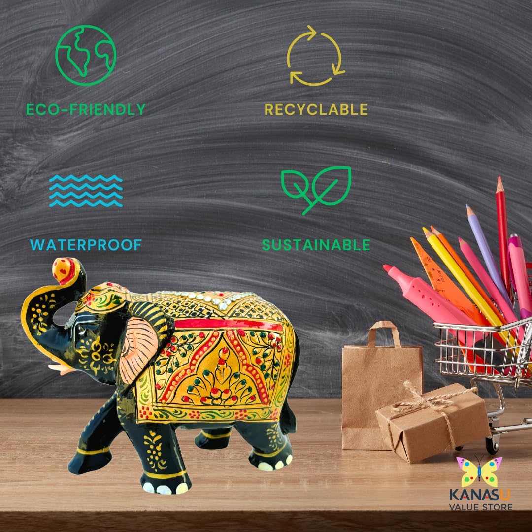 Handcrafted Wooden Elephant Figurine with Gold and Gemstone Details
