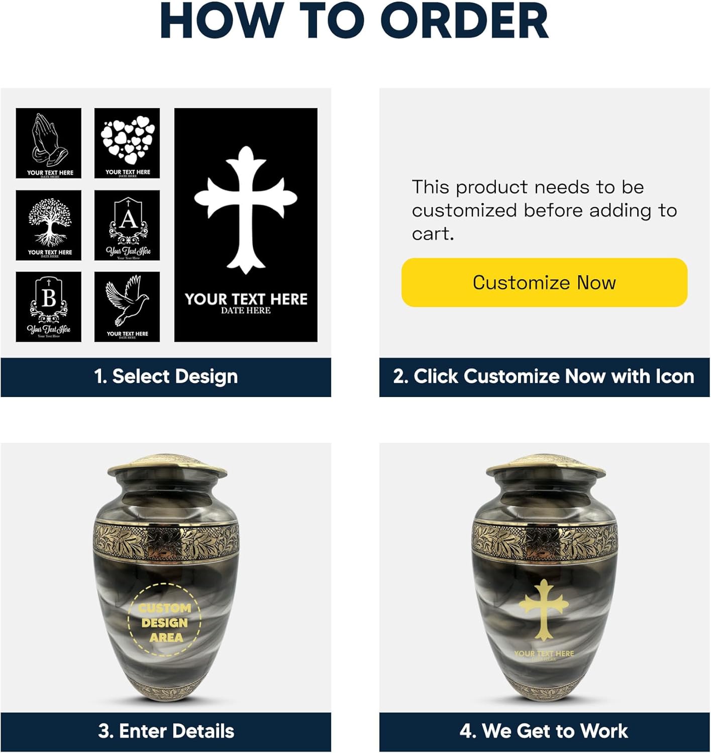 Custom Cremation Urn with Humor Engraving and Gold Design