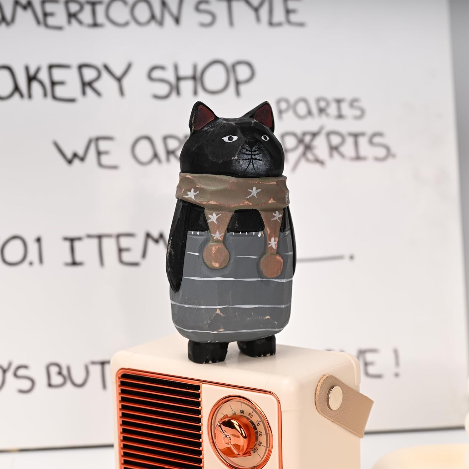 Funny Animals Figurines Handmade Wooden Carving Black Cat