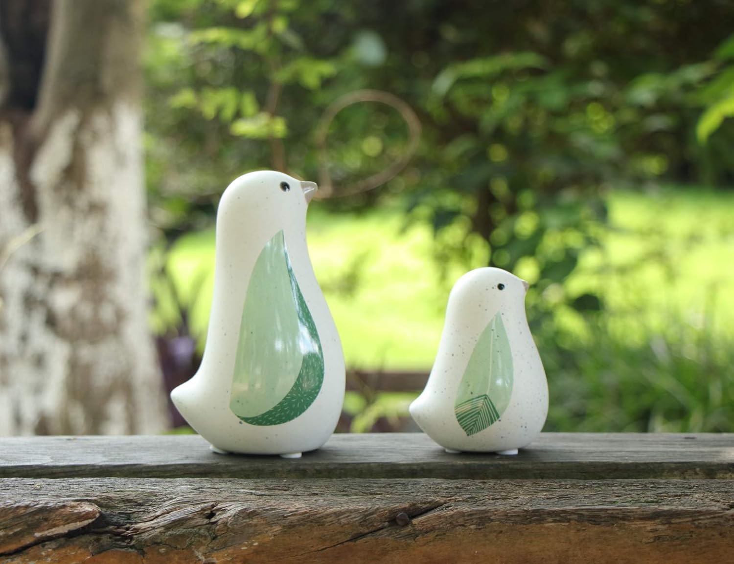 Unique Sitting Birds Figurines with Green Leaf Wings Set of 2
