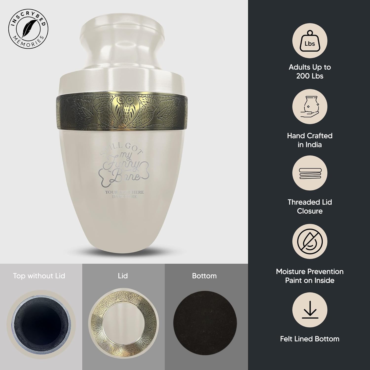 Custom Adult Cremation Urn with Funny Engraving 200 Lbs Gold Rim White