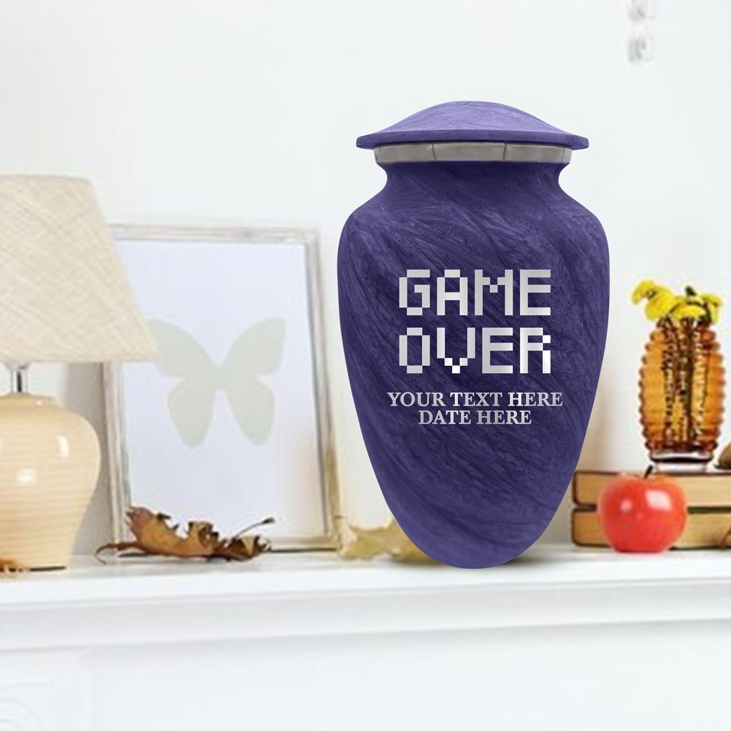 Custom Large Cremation Urn with Name and Game Over Design - Purple