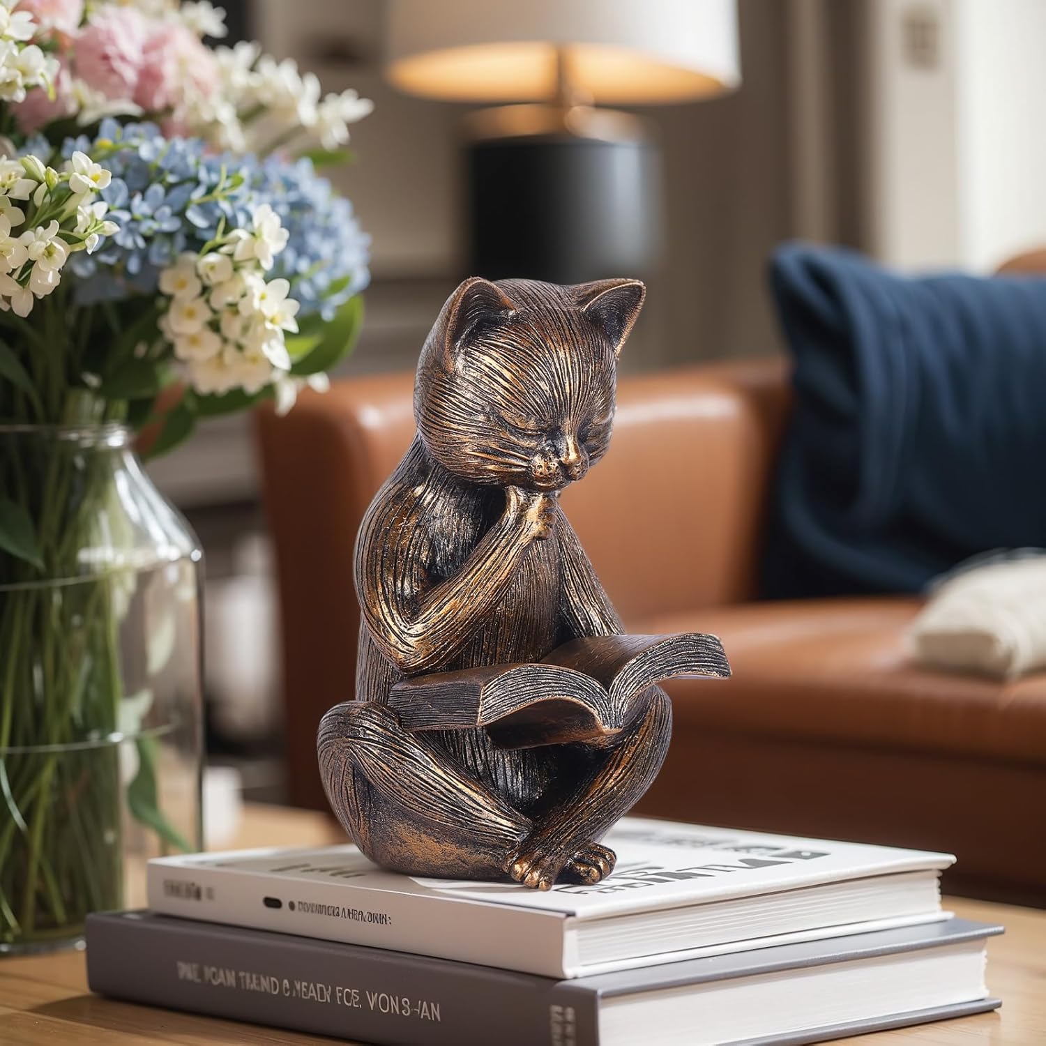 Reading Cat Figurine - 64 Inch Resin Bookshelf Decor