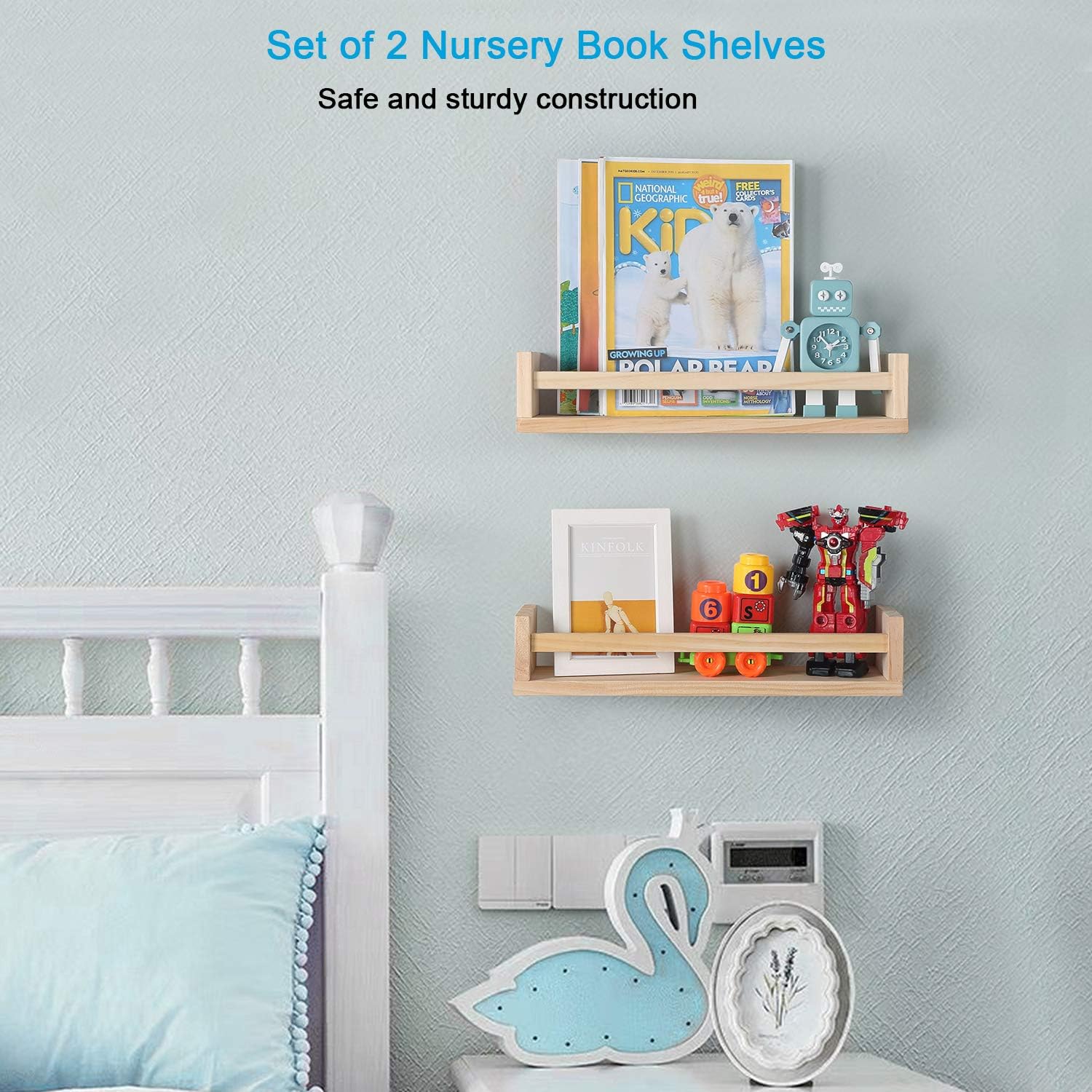 Nursery Floating Book Shelves Set of 2 Natural Wood