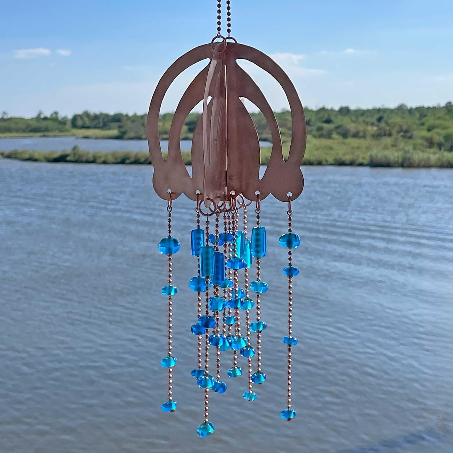 Handmade Copper Jellyfish Mobile with Blue Glass Beads